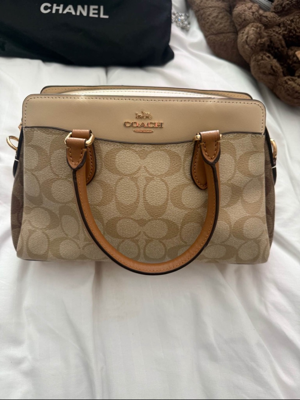 Coach Beige Signature Canvas Satchel with Brown Trim
